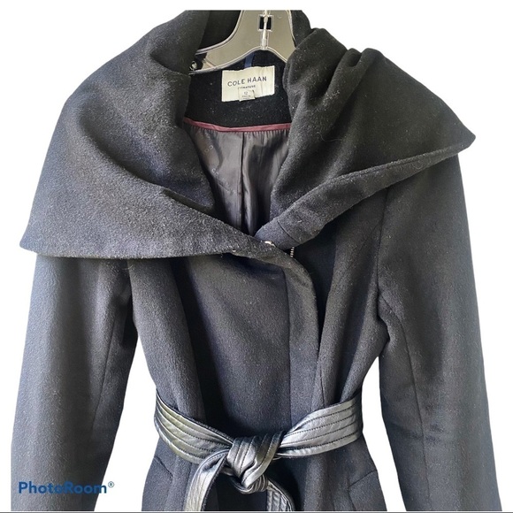 COLE HAAN WOOL BELTED SHAWL HIGH COLLAR WRAP COAT BLACK FORMAL OLD MONEY, 12 - Picture 3 of 15
